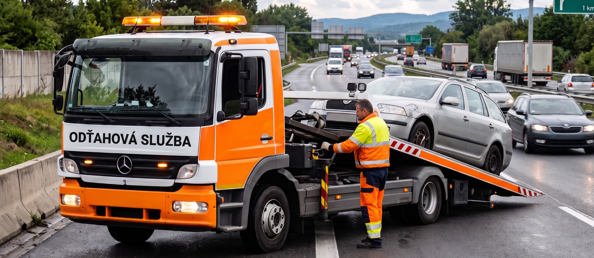 Odťahová služba nakladá poškodené vozidlo